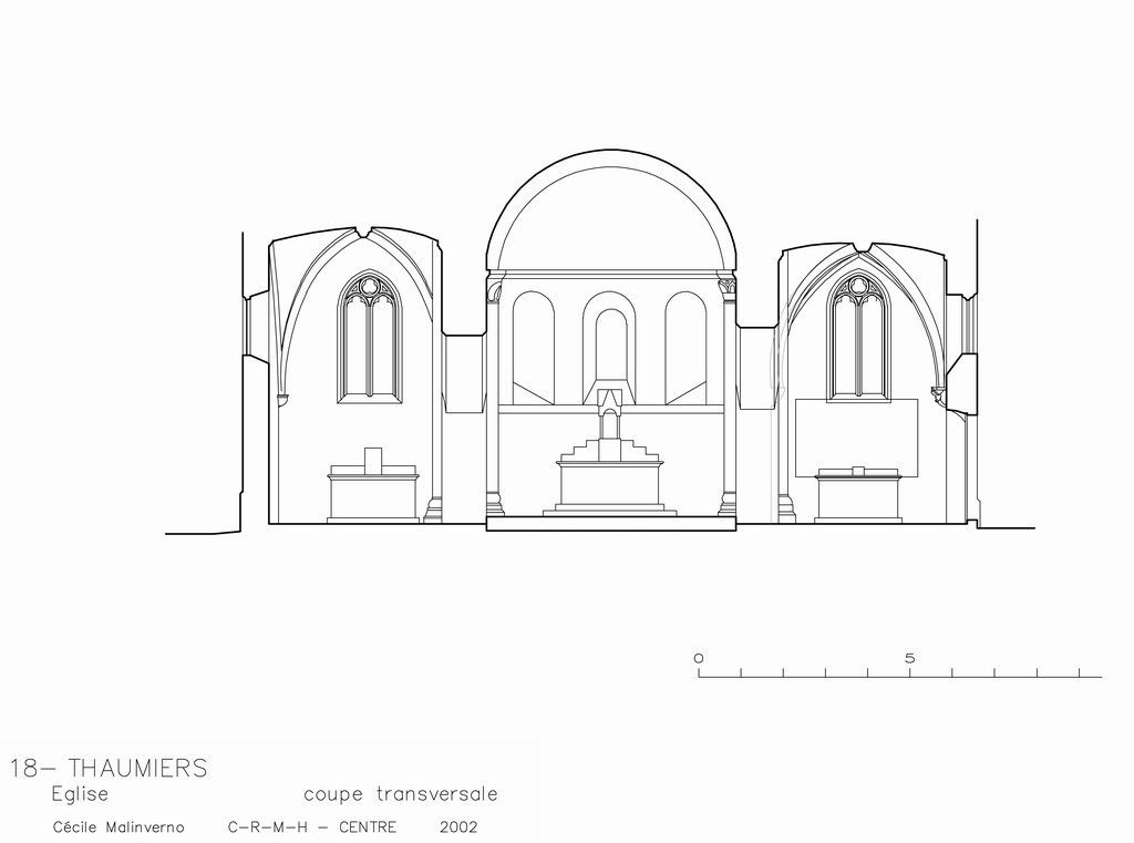 Eglise Saint-Saturnin : Coupe transversale avec élévation intérieure vers le choeur.