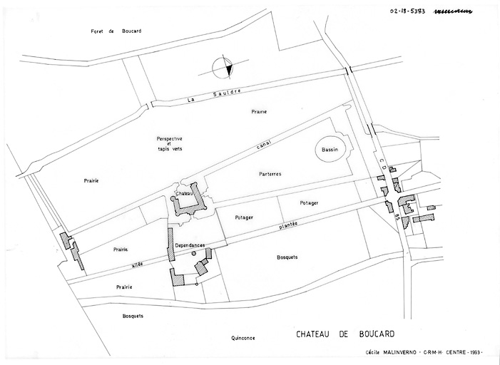 Château de Boucard : Plan masse d'après cadastre ; plan de jardin.