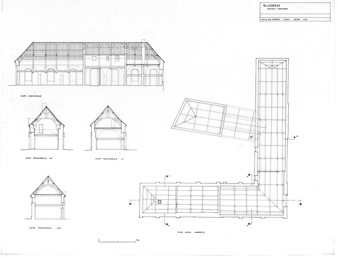 Château : Plan de charpente de l'Orangerie, coupe longitudinale, coupes transversales ; AA', BB', CC'.