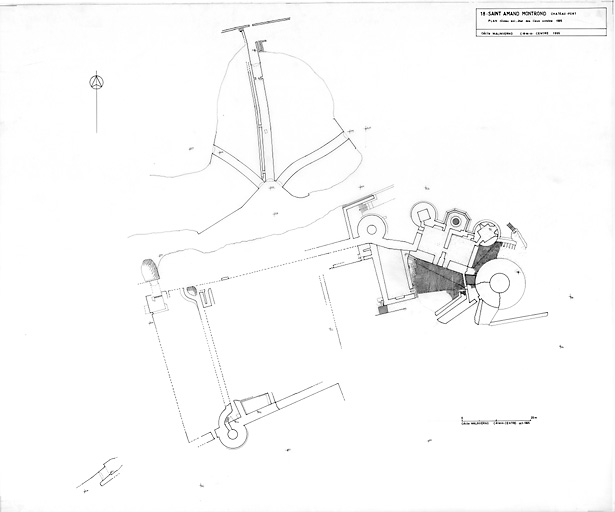 Ancienne forteresse de Montrond : Plan niveau du sol, état des lieux en 1995, (relevé topographique) ; plan réduit à l'échelle 1 : 500. (A3).