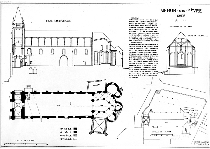 Eglise : Plan des toitures et des abords, plan au sol, coupe transversale, coupe longitudinale.