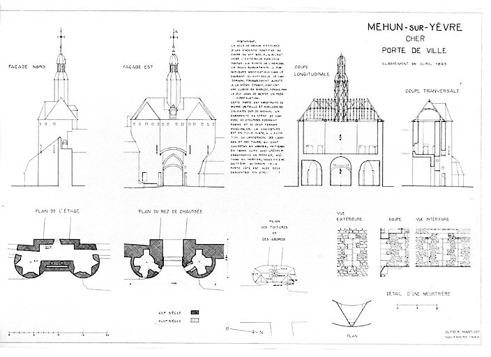 Porte de ville : Plan des toitures et des abords, plan au sol, plan de l'étage, coupe longitudinale, coupe transversale, façade nord, façade est, détail d'une meurtrière (plan, coupe, vue extérieure et intérieure).