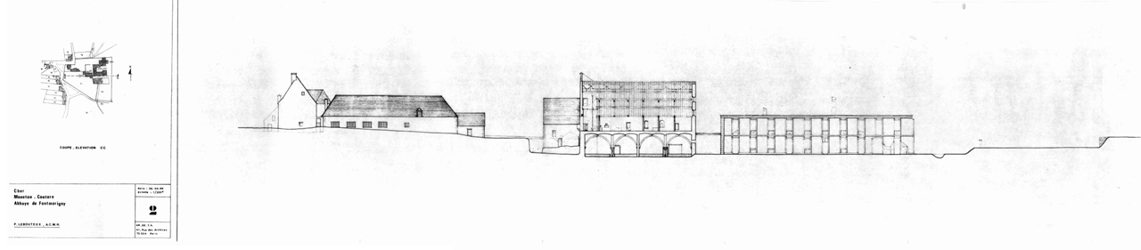 Abbaye cistercienne de Fontmorigny : Coupe longitudinale CC du site.