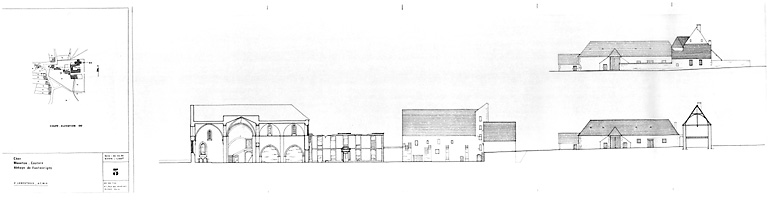 Abbaye cistercienne de Fontmorigny : Coupe longitudinale DD du site.