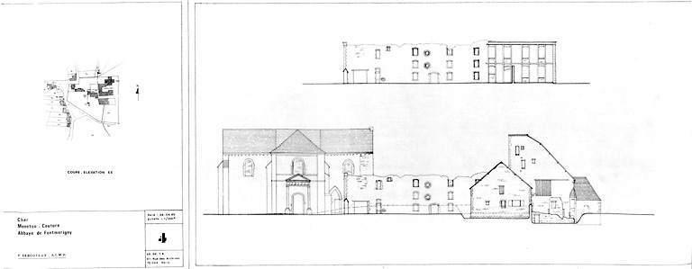 Abbaye cistercienne de Fontmorigny : Coupe transversale EE du site.