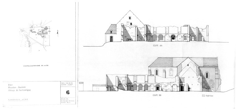Abbaye cistercienne de Fontmorigny : Coupe AA et coupe BB du cloître.