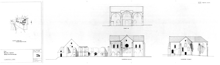 Abbaye cistercienne de Fontmorigny : Coupe transversale HH, élévation FF (nord), élévation GG (est) de l'église.