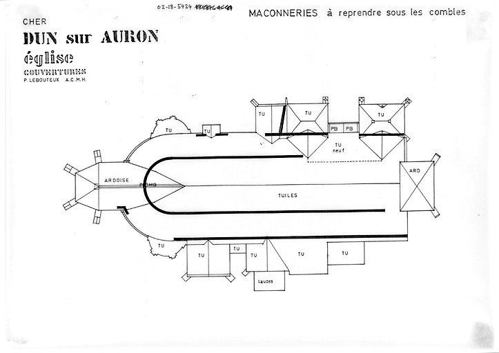 Eglise Saint-Etienne : Plan des toitures, plan des maçonneries à reprendre sous les combles.