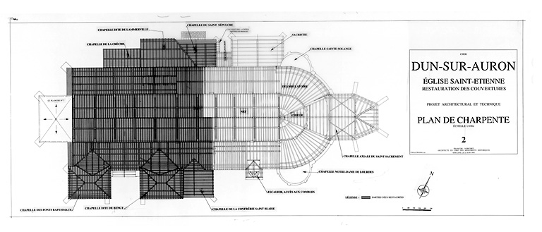 Eglise Saint-Etienne : 2 - Plan de charpente, restauration des couvertures.