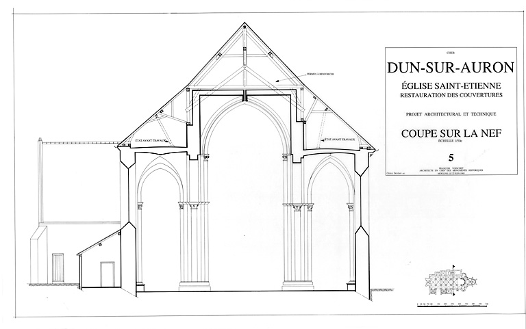 Eglise Saint-Etienne : 5 - Coupe sur la nef avec élévation vers le choeur.