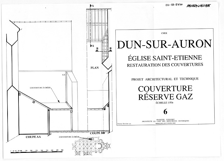 Eglise Saint-Etienne : 6 - COUVERTURE RESERVE DE GAZ : plan de situation de la réserve, coupe AA, coupe BB.