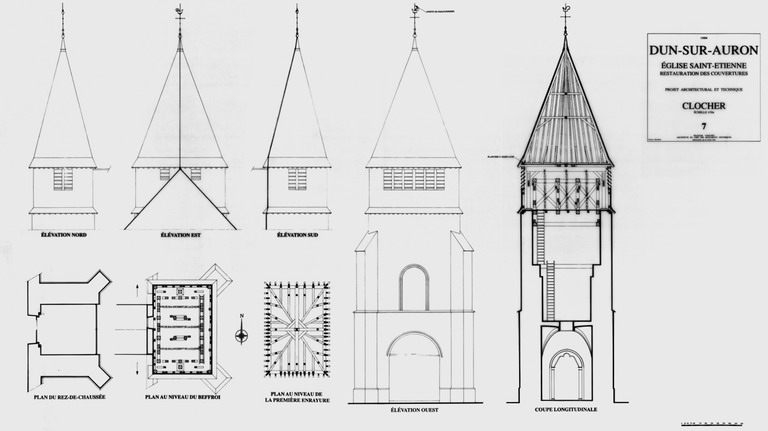 Eglise Saint-Etienne : 7 - CLOCHER : plan rez de chaussée, plan niveau beffroi, plan de la première enrayure, coupe longitudinale, élévation nord, élévation sud, élévation est, élévation ouest.