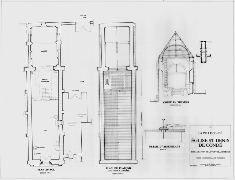 Eglise Saint-Denis de Condé : Plan au sol, plan du plafond avec voûte lambrissée, détail d'assemblage.