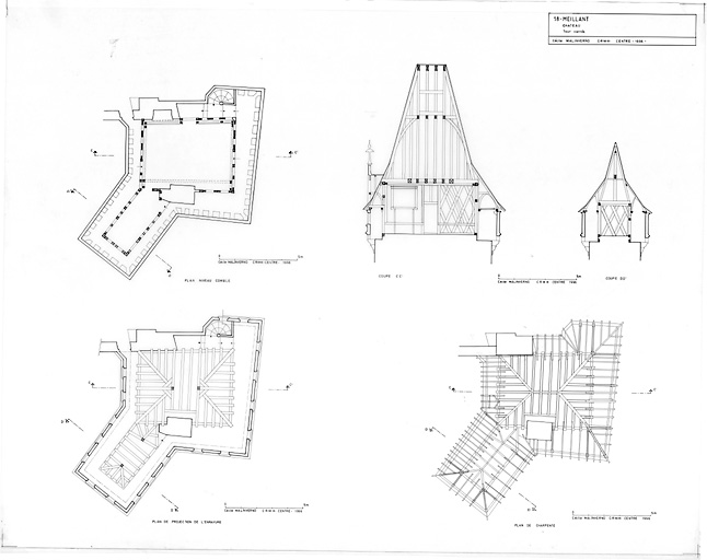 Château : TOUR CARREE : plan niveau comble ; plan de projection de l'enrayure ; plan de charpente ; coupe CC' ; coupe DD'.