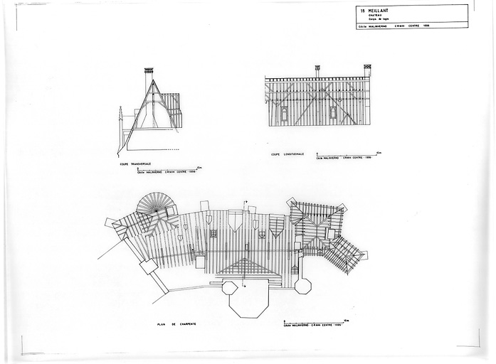 Château : CORPS DE LOGIS : plan de charpente ; coupe longitudinale ; coupe transversale.