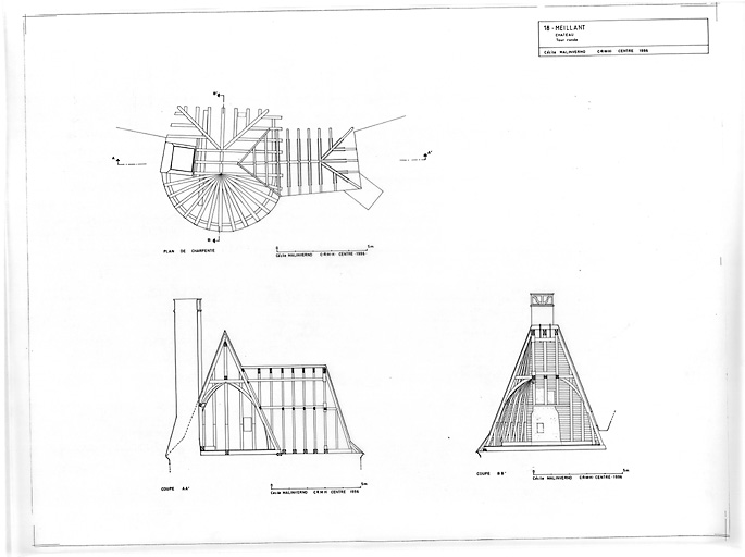 Château : TOUR RONDE ; plan de charpente ; coupe AA' ; coupe BB'