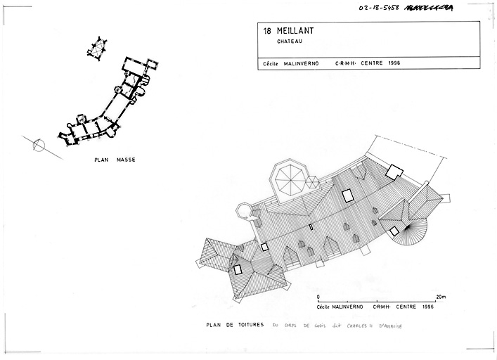 Château : Plan masse du château, plan des toitures du corps de logis dit Charles II d' Amboise.