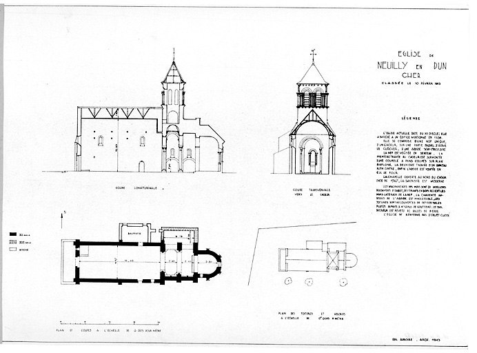 Eglise : Plan des toitures et des abords, plan au sol, coupe longitudinale, coupe transversale vers le choeur.