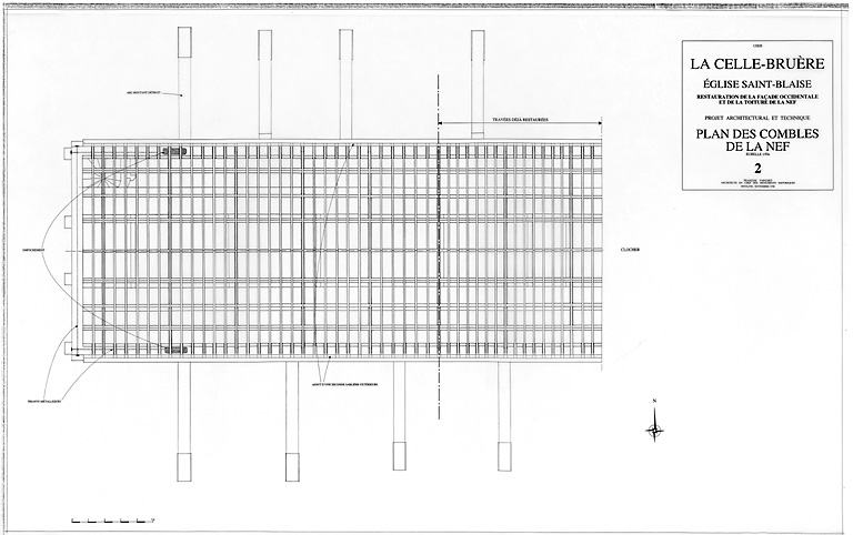 Eglise Saint-Blaise : 2 - RESTAURATION DE LA FACADAE OCCIDENTALE ET DE LA TOITURE DE LA NEF (P.A.T.) : plan des combles de la nef.