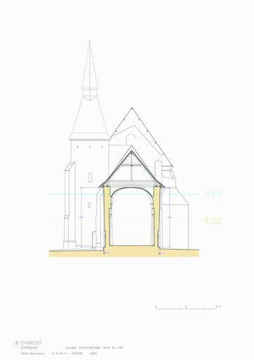 Collégiale Saint-Michel : 5 - coupe transversale vers la nef, coupe transversale vers l'abside, coupe transversale sur la charpente de l'abside.