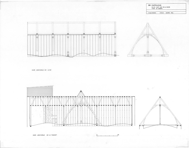 Eglise Saint-Jean de la Chaine : CHARPENTE; coupe longitudinale et transversale de la nef, coupe longitudinale et transversale du transept.