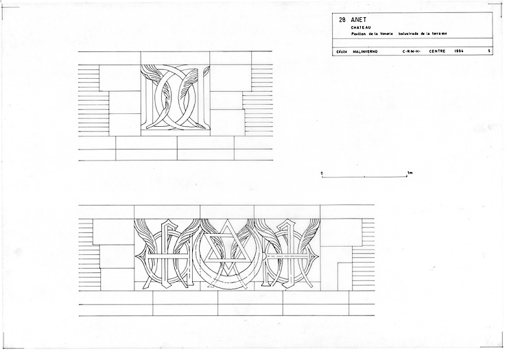 Château : 5 - Pavillon de la Venerie : élévation de la balustrade de la terrasse.