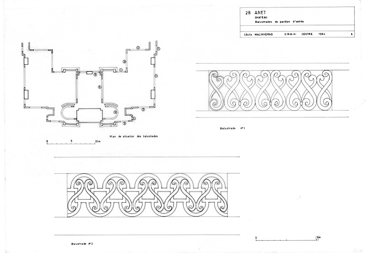 Château : 6 - Pavillon d 'Entrée : plan de situation des balustrades, balustrade n°1, balustrade n°2.