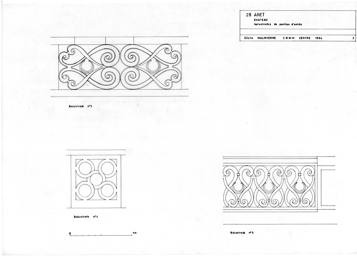 Château : 7 - Pavillon d 'Entrée : élévation de la balustrade n°3, de la balustrade n°4, de la balustrade n°5.