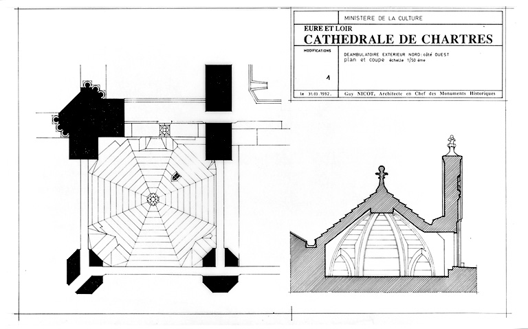 Cathédrale Notre-Dame : 1- DEAMBULATOIRE EXTERIEUR NORD : coté ouest, plan et coupe.