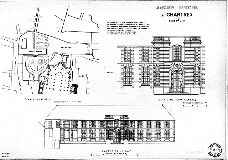 Evêché, actuellement musée : Plan du bel étage (rez de chaussée surélevé), plan dessous l'escalier, coupe sur la salle à l'italienne, coupe sur le vestibule.