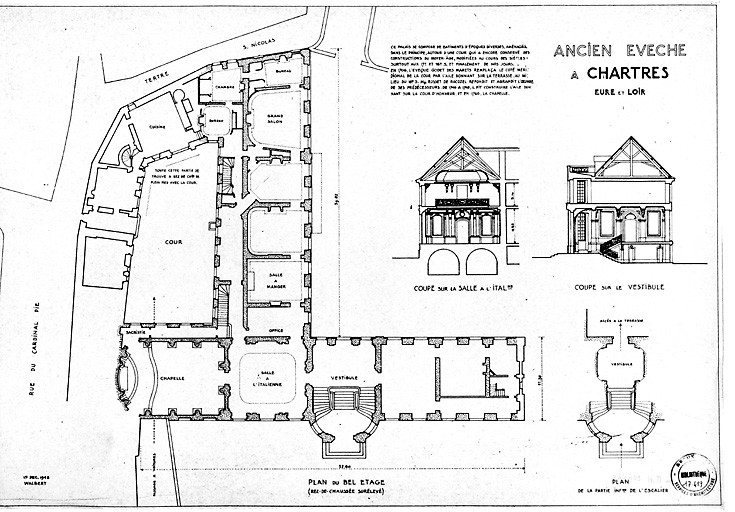 Evêché, actuellement musée : Plan d'ensemble, élévation de la façade principale, détail de la partie centrale de la façade.