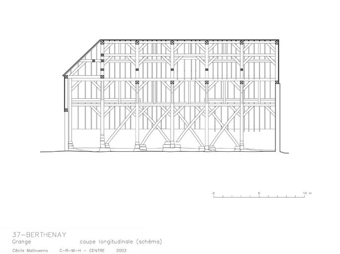 Grange aux Moines : Plan au sol ; coupe longitudinale ; coupe transversale.