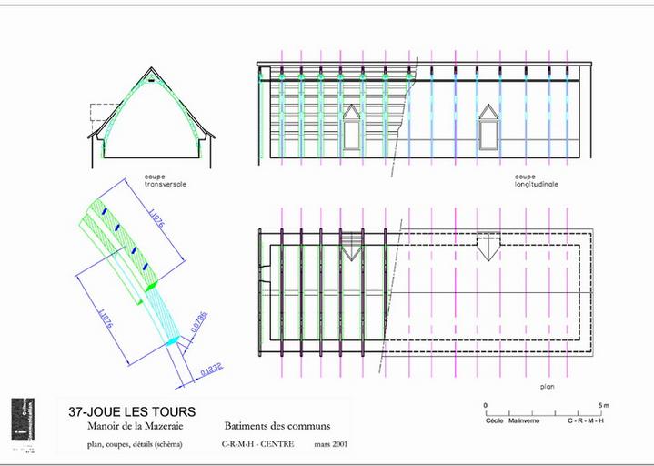 Manoir de la Mazeraie : Plan ; coupe longitudinale ; coupe transversale ; détail d'assemblage de la charpente des communs.