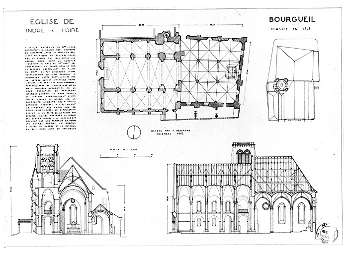 Eglise : Plan des toitures, plan au sol, coupe transversale avec vue sur le choeur, coupe longitudinale.