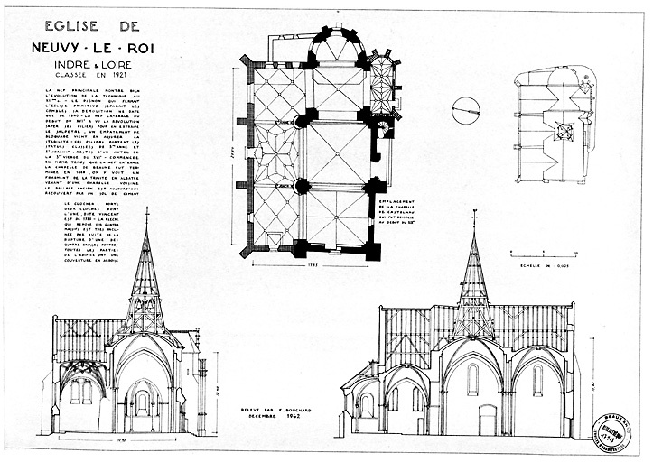 Eglise Saint-Vincent : Plan des toitures, plan niveau sol, coupe transversale avec vue vers le choeur, coupe longitudinale.