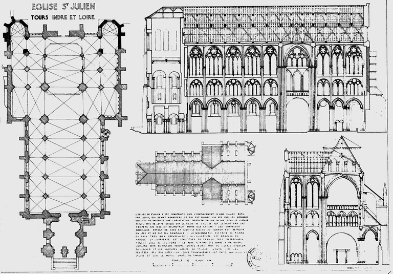 Eglise Saint-Julien : Plan des toitures, plan au sol, coupe longitudinale, coupe transversale.