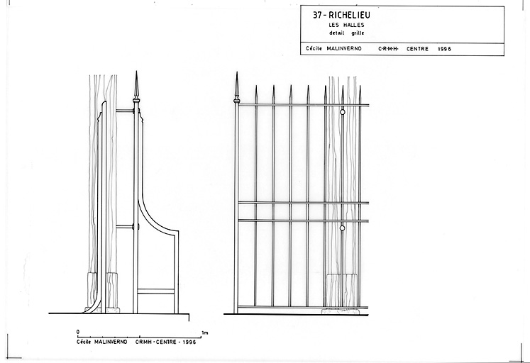 Halle : Détail de grille : élévation et profil.