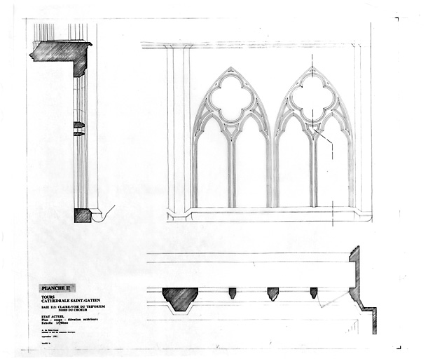 Cathédrale Saint-Gatien : BAIES DU TRIFORIUM NORD DU CHOEUR (E.P.) : Baie 113 : plan, coupe, élévation.