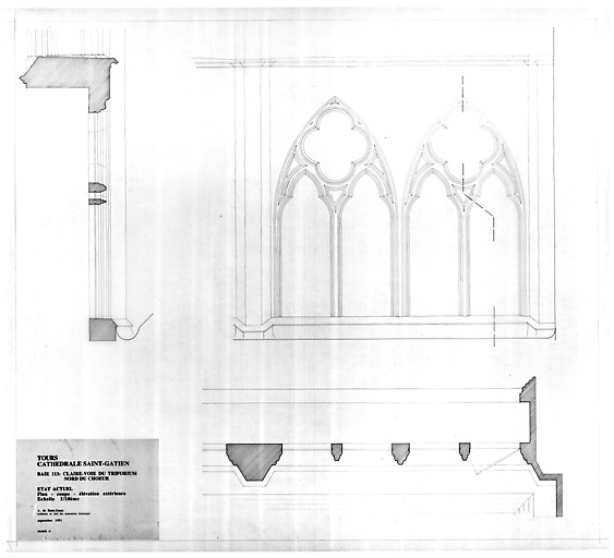 Cathédrale Saint-Gatien : BAIES DU TRIFORIUM NORD DU CHOEUR (E.P.) : Baie 113 : plan, coupe, élévation.