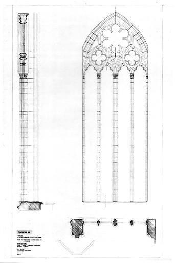 Cathédrale Saint-Gatien : BAIES HAUTES NORD DU CHOEUR (E.P.) : Baie 213 : plan, coupe, élévation.