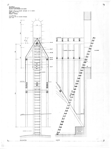 Eglise Saint-Pierre aux Liens et collégiale Saint Martin : Coupe et élévation entre la chapelle sud ouest et le clocher (état actuel).