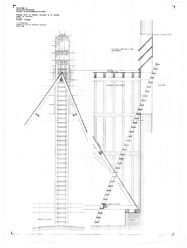 Eglise Saint-Pierre aux Liens et collégiale Saint Martin : Coupe et élévation entre la chapelle sud ouest et le clocher (projet)