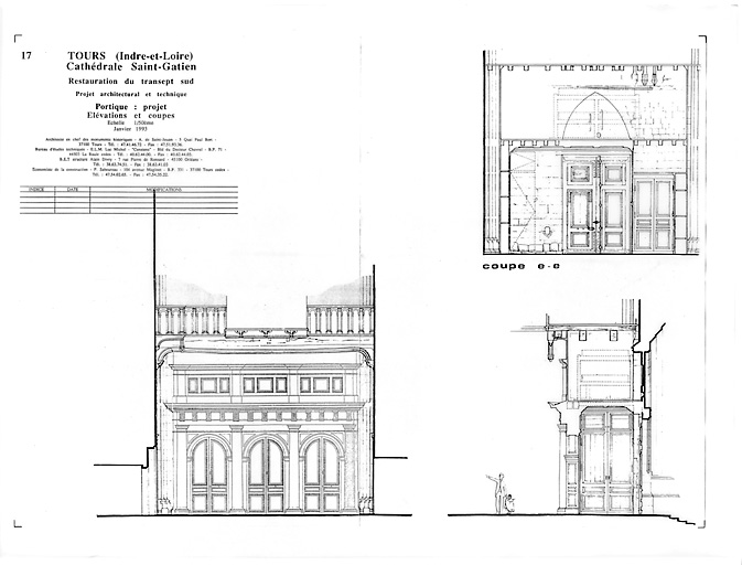 Cathédrale Saint-Gatien : 17- Restauration du transept sud, portique : élévation et coupes (P.A.T.).
