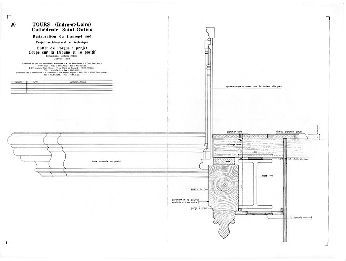 Cathédrale Saint-Gatien : 30- Restauration du transept sud, buffet de l'orgue : coupe sur la tribune et le positif (P.A.T.).