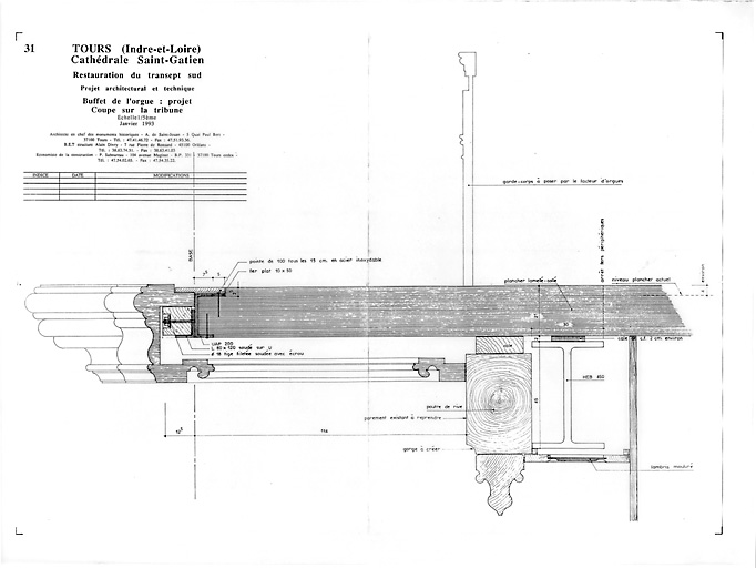 Cathédrale Saint-Gatien : 31- Restauration du transept sud, buffet de l'orgue : coupe sur la tribune (P.A.T.).