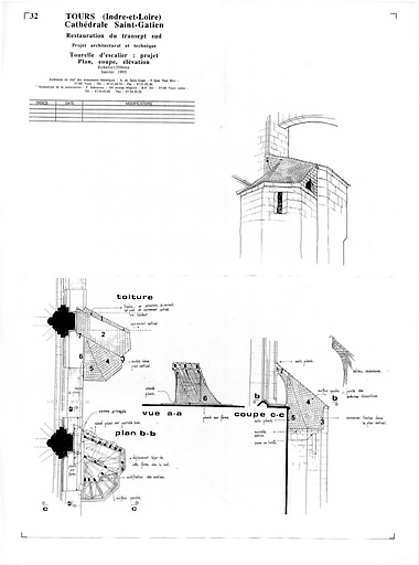 Cathédrale Saint-Gatien : 32- Restauration du transept sud, tourelle d'escalier : plan, coupe, élévation (P.A.T.).