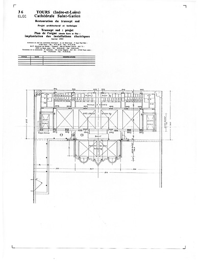 Cathédrale Saint-Gatien : 36-ELEC Restauration du transept sud, orgue : plan (dessin de Kern et fils) implantation des installations électriques (P.A.T.).