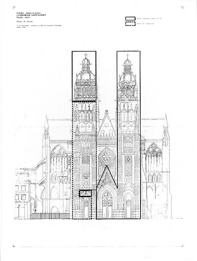 Cathédrale Saint-Gatien : Elévation de la façade ouest : phases de travaux (P.A.T.).