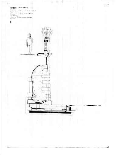 Château : Coupe de la fontaine murale sud du jardin d'agrément (P.A.T.).