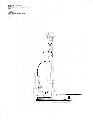 Château : Coupe de la fontaine murale sud du jardin d'amour (P.A.T.).